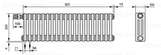 Схема (чертеж) Радиатор Zehnder Charleston 3030/20 №V001 Белый глянцевый RAL 9016